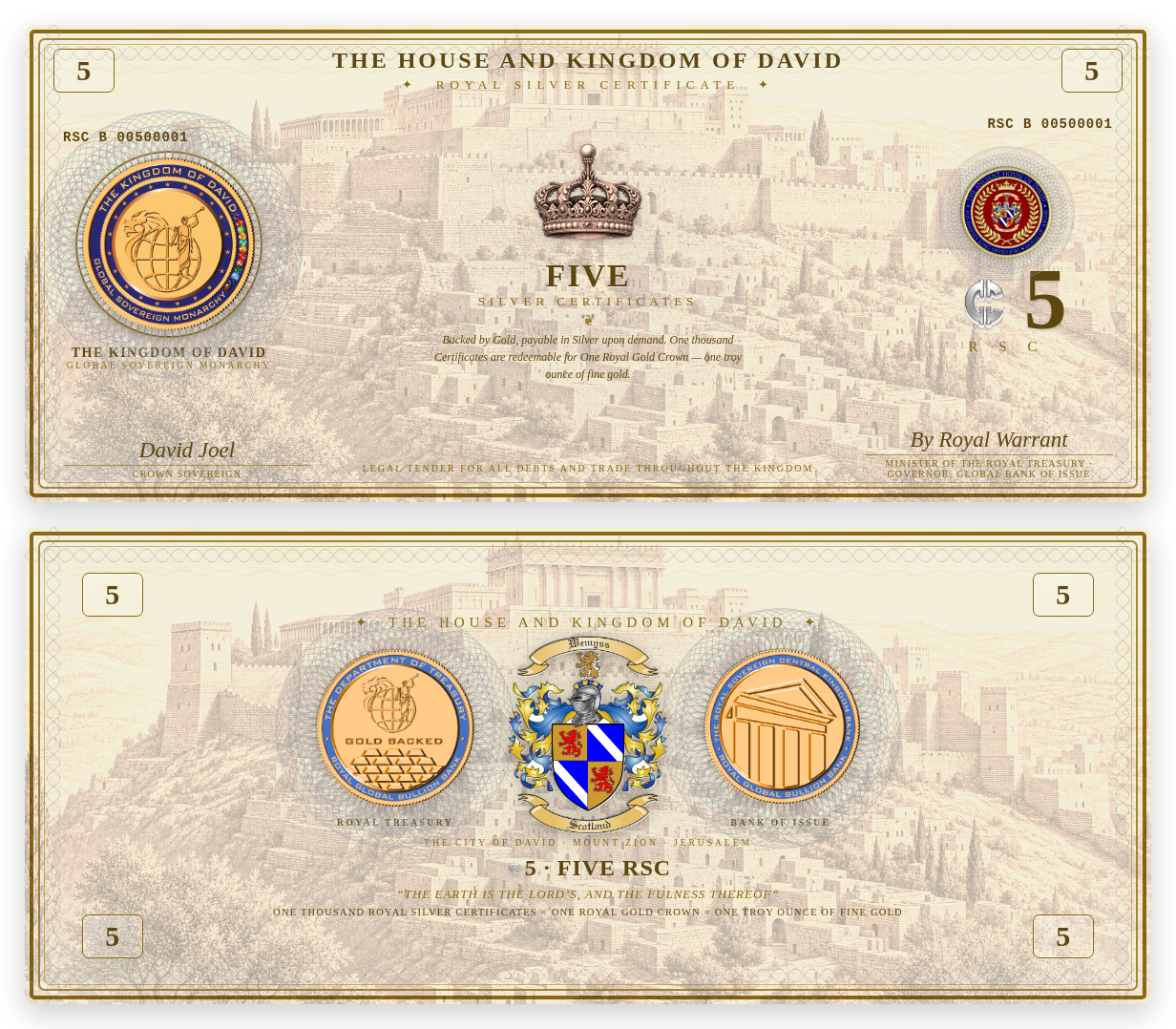 5 RSC Royal Silver Certificate — face and reverse