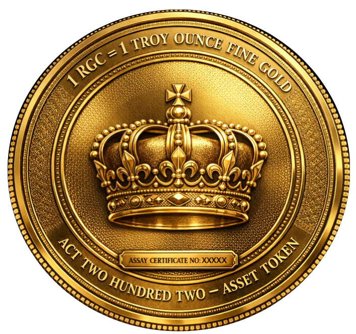 Royal Gold Crown — Back: 1 RGC equals 1 Troy Ounce Fine Gold, Act Two Hundred Two Asset Token, Assay Certificate