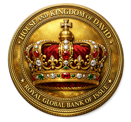 Royal Gold Crown — Front: House and Kingdom of David seal with jeweled crown, Royal Global Bank of Issue